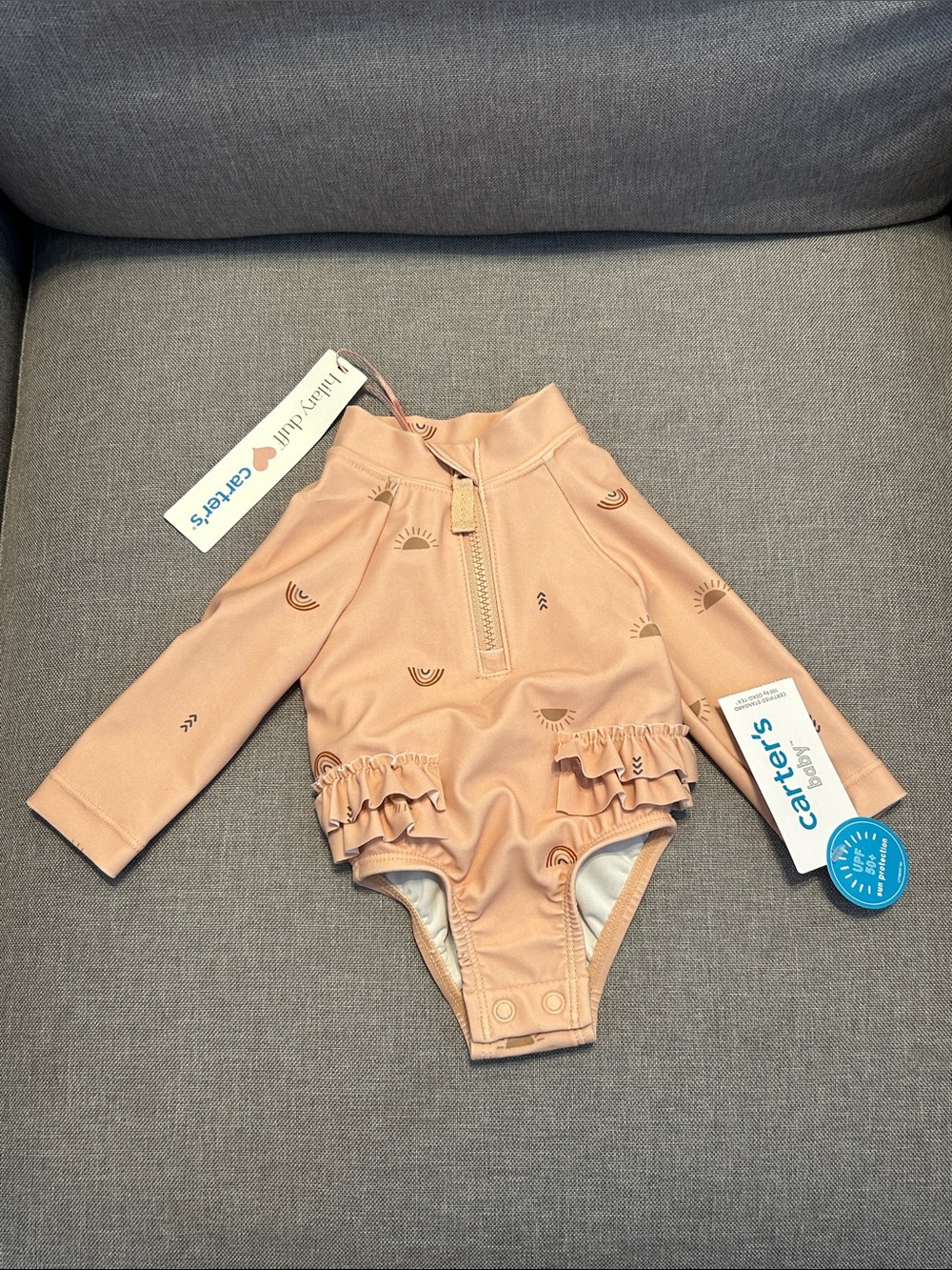 Carter's Peach Long-Sleeve Ruffle Zip Front One-Piece Bodysuit
